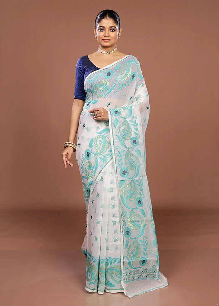 White Jamdani Cotton Saree Without Blouse Piece - Image 2