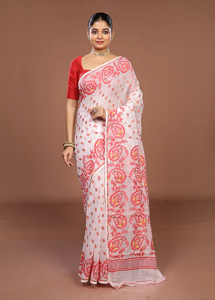 White Jamdani Cotton Saree Without Blouse Piece - Image 2
