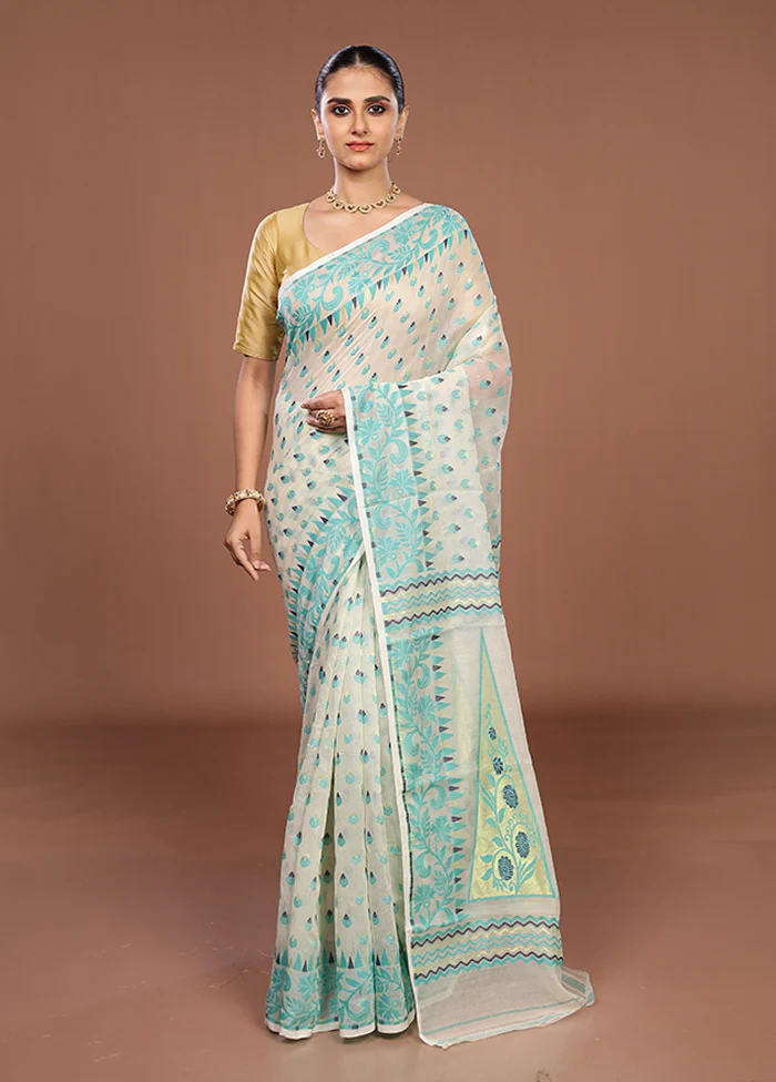 White Jamdani Cotton Saree Without Blouse Piece - Image 2