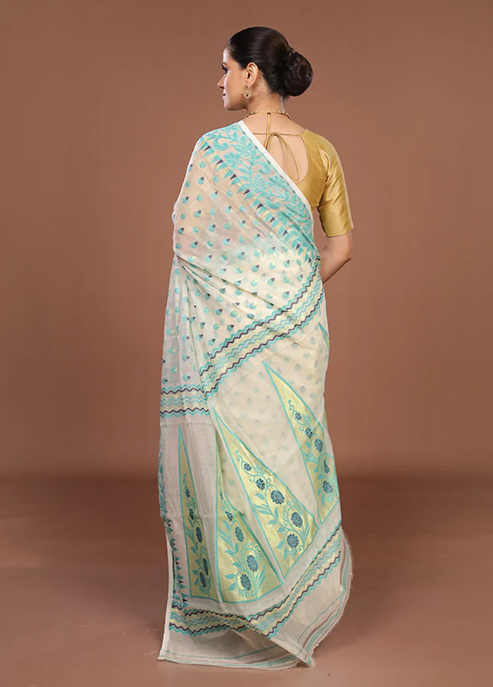 White Jamdani Cotton Saree Without Blouse Piece - Image 3