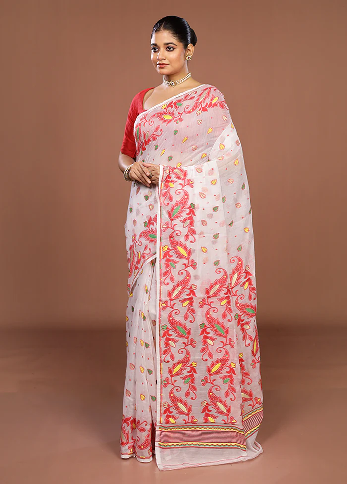 White Jamdani Cotton Saree Without Blouse Piece - Image 4