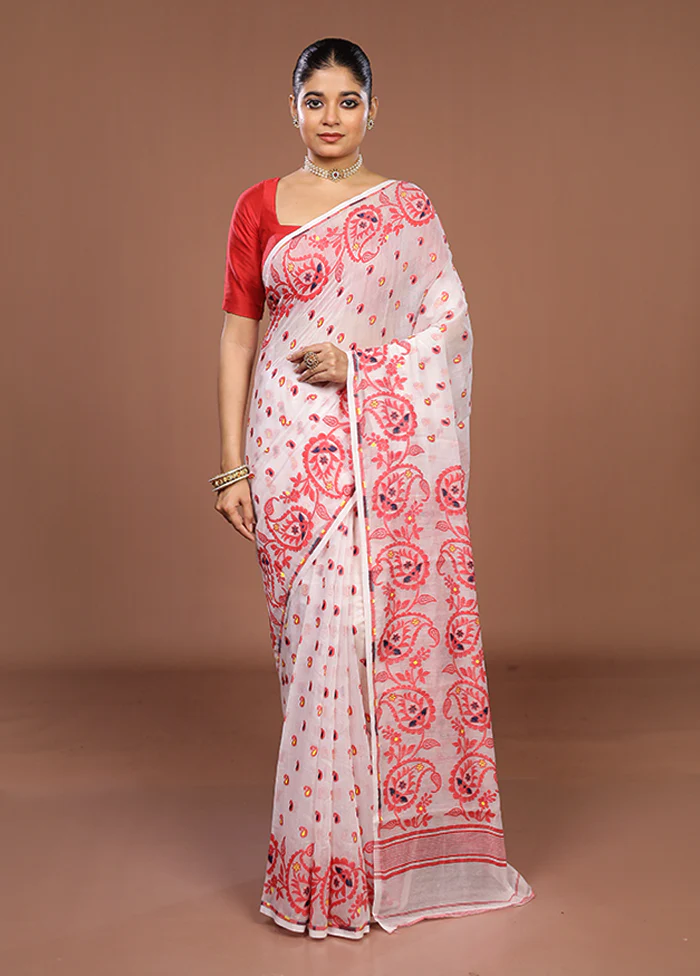 White Jamdani Cotton Saree Without Blouse Piece - Image 2