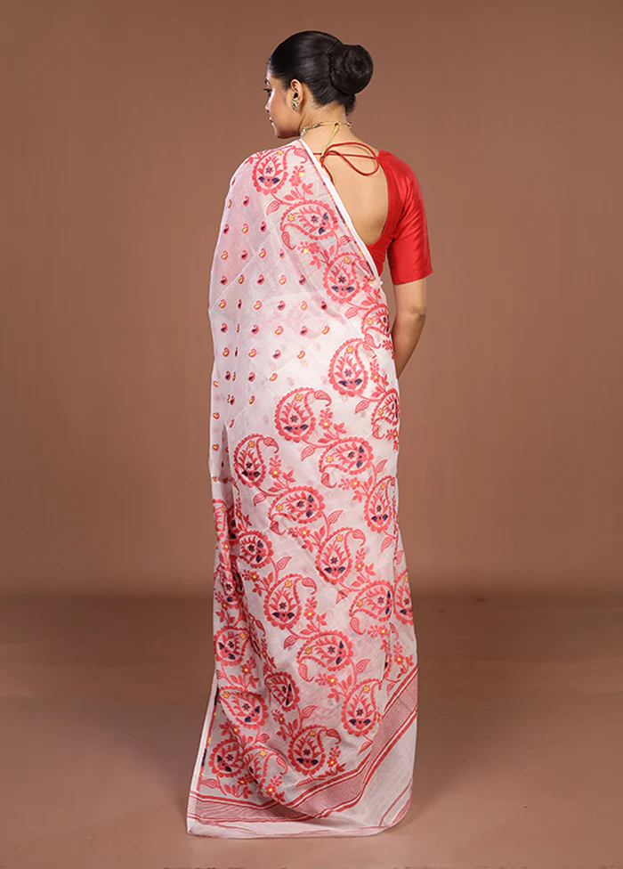 White Jamdani Cotton Saree Without Blouse Piece - Image 3