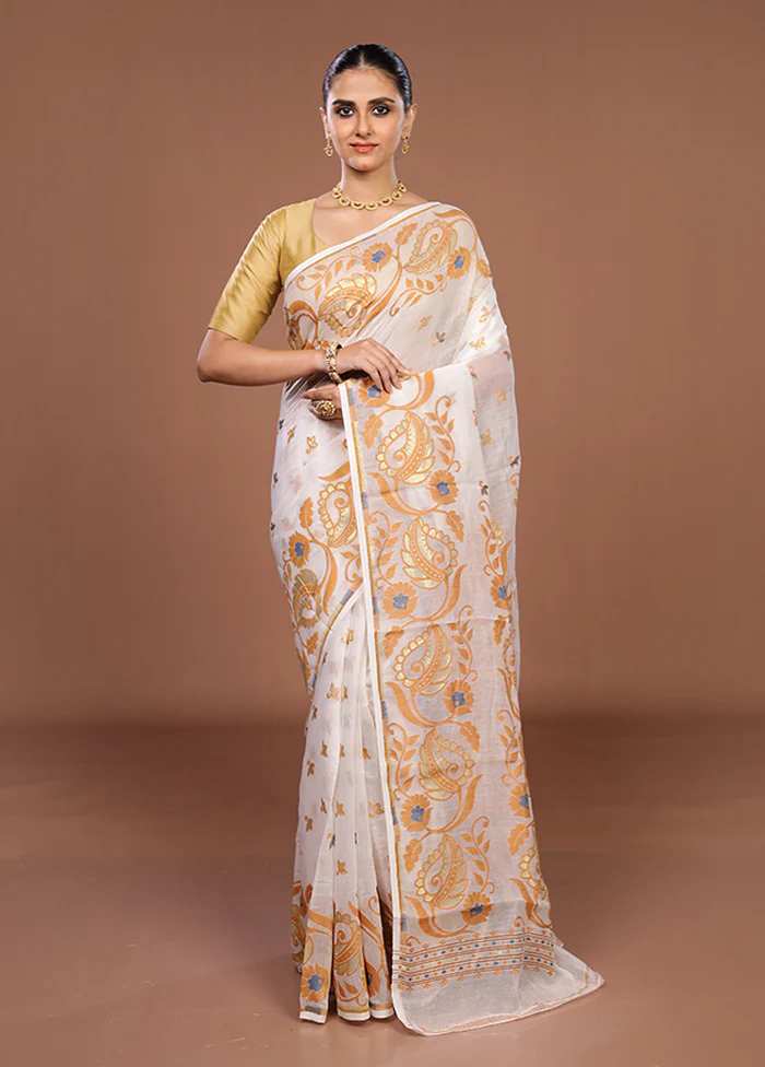 White Jamdani Cotton Saree Without Blouse Piece - Image 2