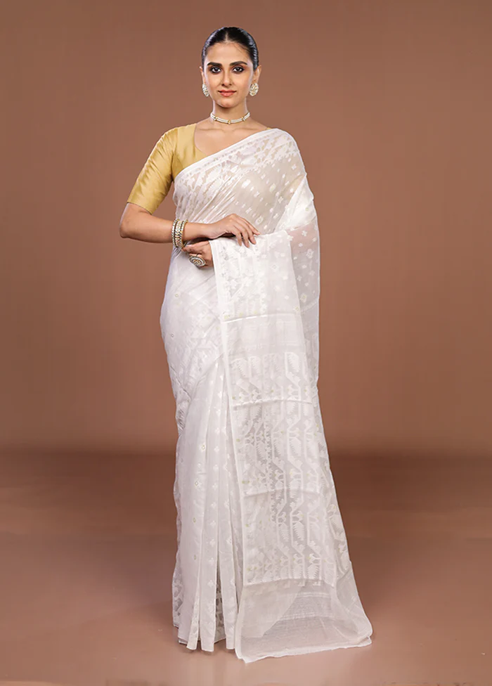 White Jamdani Cotton Saree Without Blouse Piece - Image 2