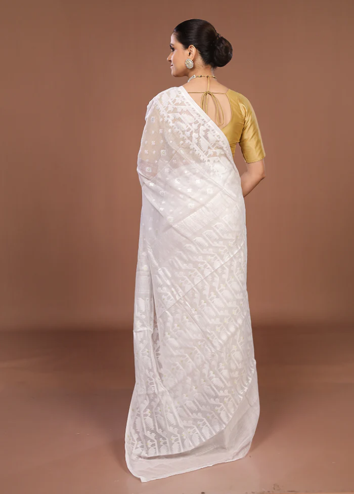 White Jamdani Cotton Saree Without Blouse Piece - Image 3