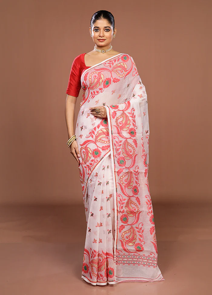 White Jamdani Cotton Saree Without Blouse Piece - Image 2