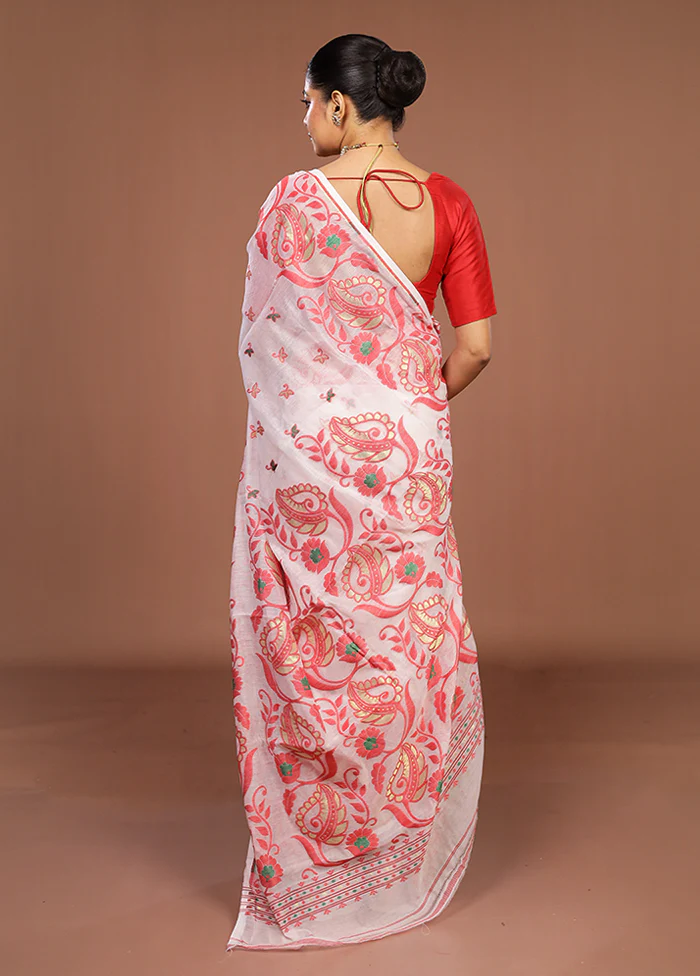 White Jamdani Cotton Saree Without Blouse Piece - Image 3