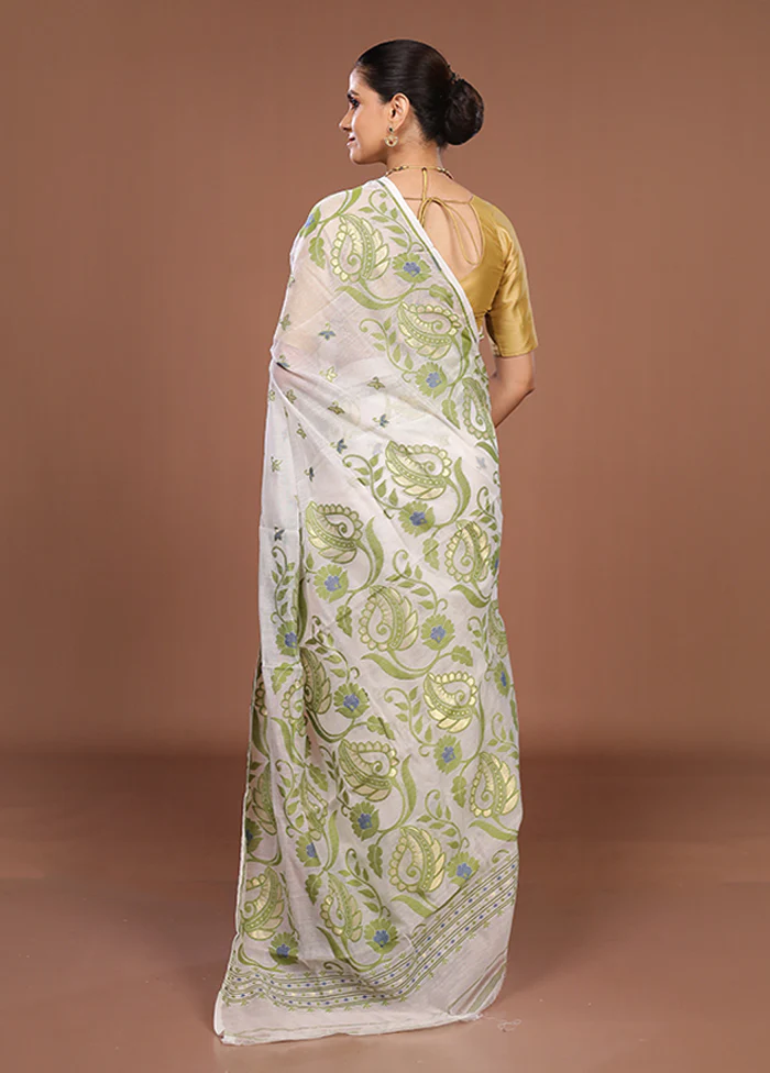 White Jamdani Cotton Saree Without Blouse Piece - Image 3