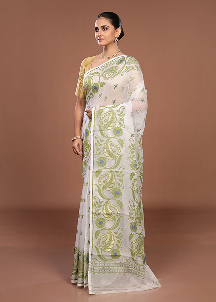White Jamdani Cotton Saree Without Blouse Piece - Image 4