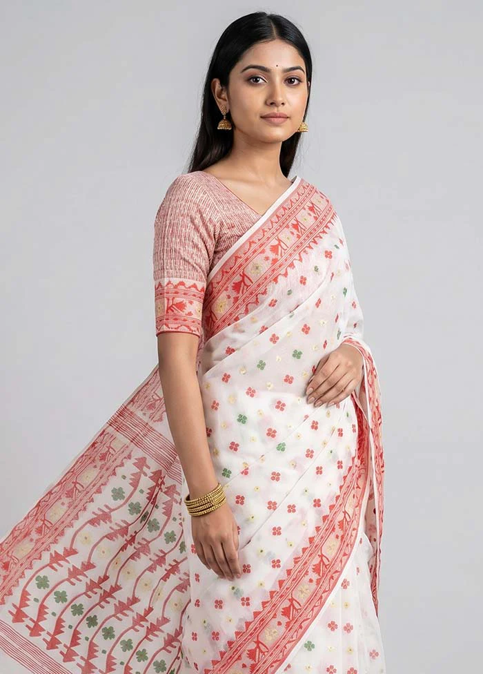 White Jamdani Cotton Saree Without Blouse Piece - Image 2