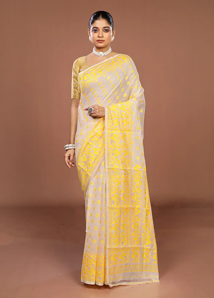 White Jamdani Cotton Saree Without Blouse Piece - Image 2