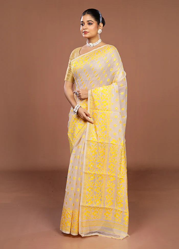 White Jamdani Cotton Saree Without Blouse Piece - Image 4