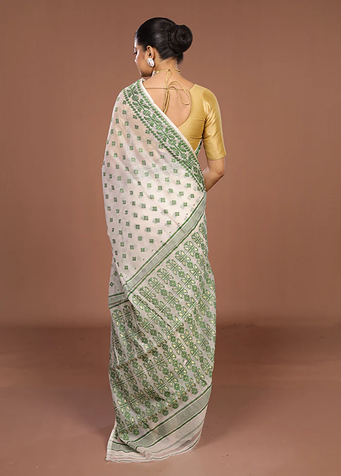 White Jamdani Cotton Saree Without Blouse Piece - Image 3
