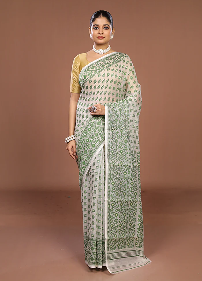 White Jamdani Cotton Saree Without Blouse Piece - Image 2