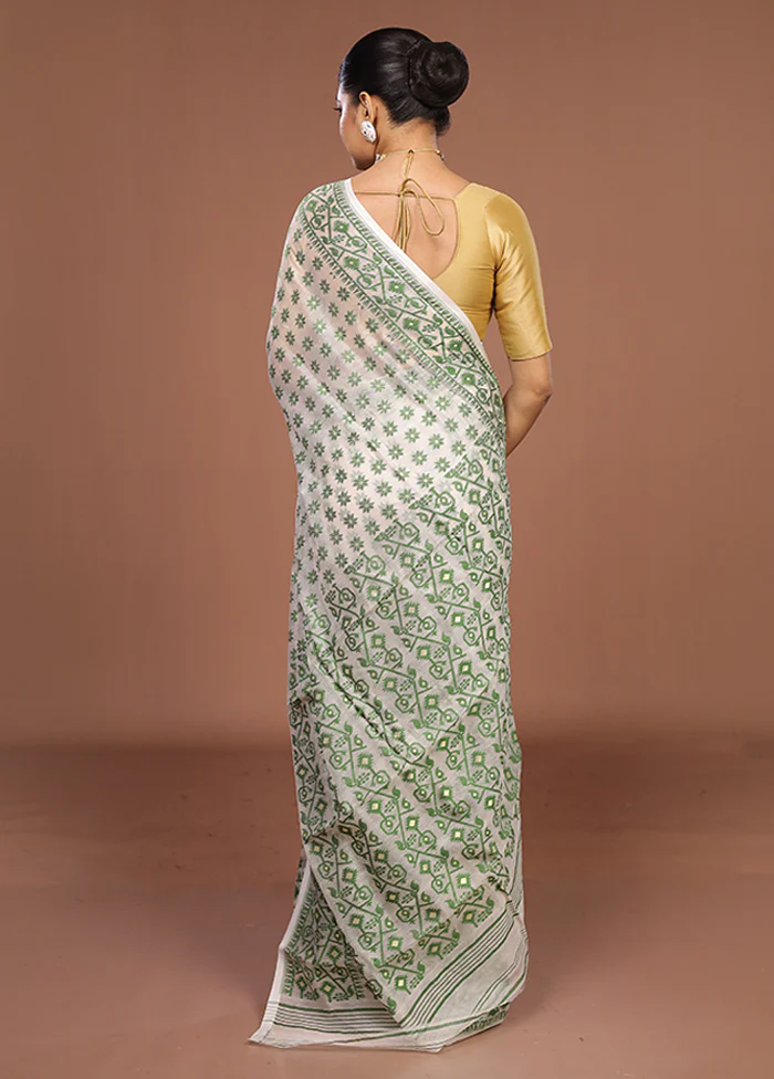 White Jamdani Cotton Saree Without Blouse Piece - Image 3