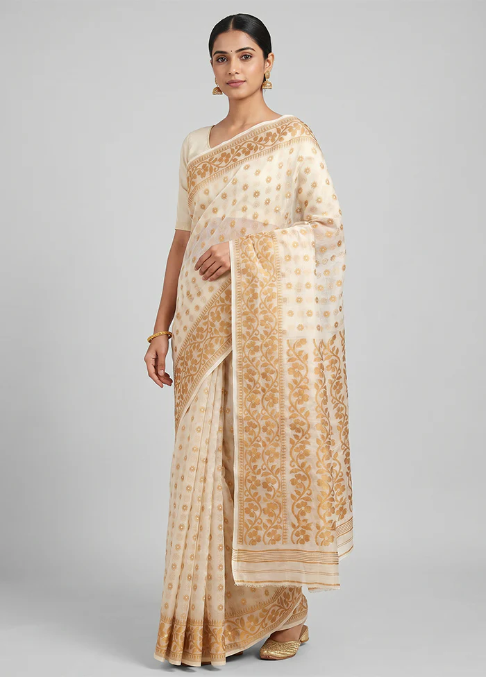 White Jamdani Cotton Saree Without Blouse Piece