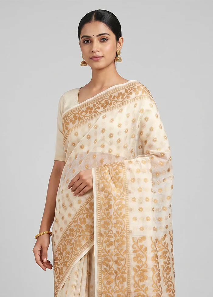 White Jamdani Cotton Saree Without Blouse Piece - Image 2