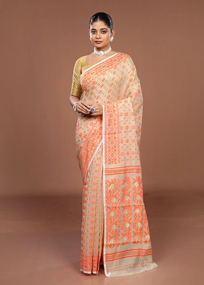 White Jamdani Cotton Saree Without Blouse Piece - Image 2
