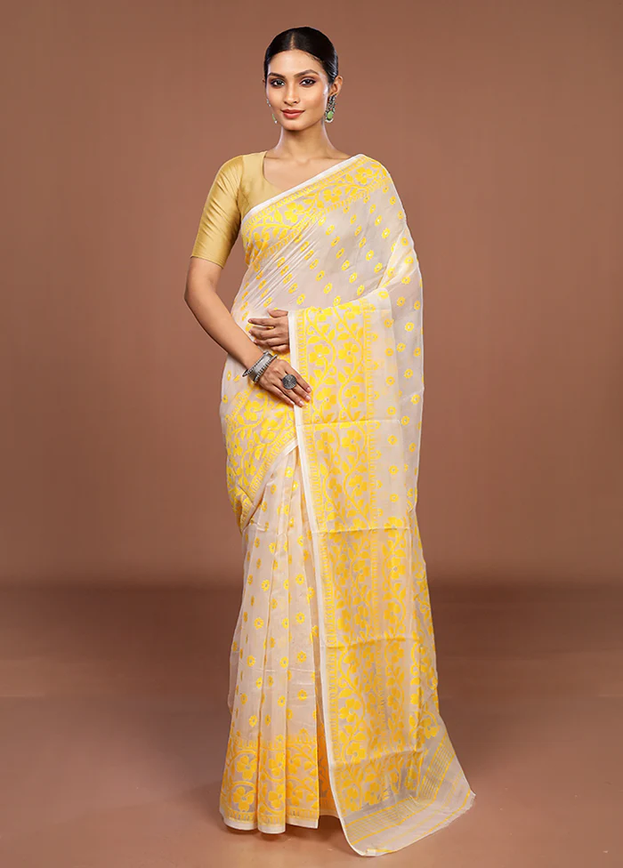 White Jamdani Cotton Saree Without Blouse Piece - Image 2