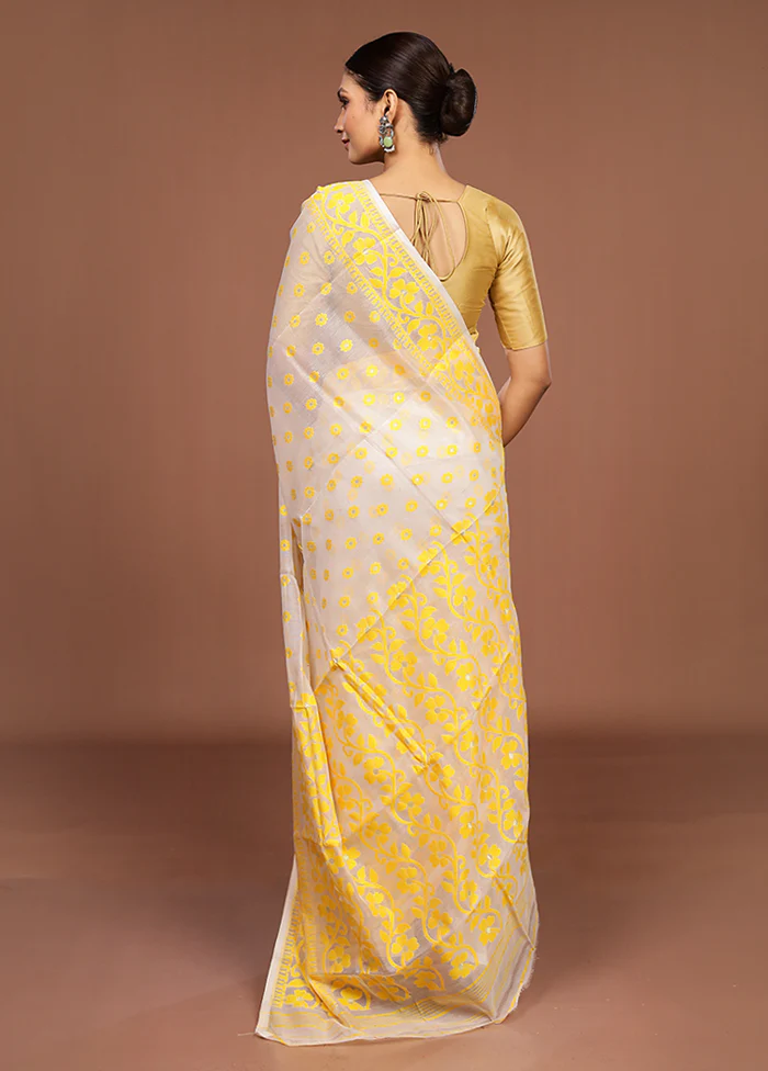 White Jamdani Cotton Saree Without Blouse Piece - Image 3