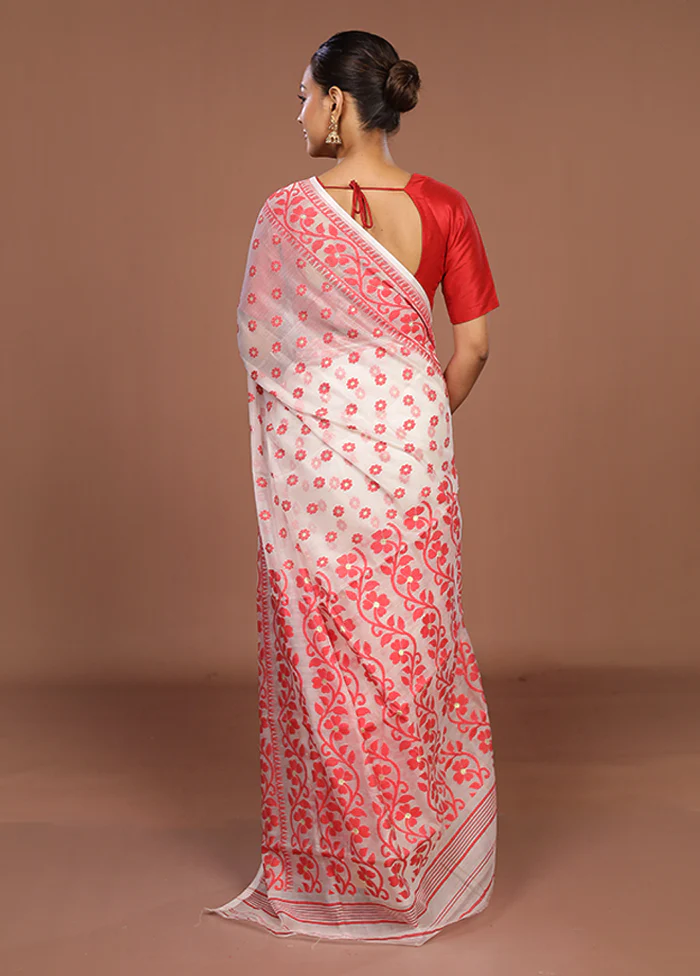 White Jamdani Cotton Saree Without Blouse Piece - Image 3