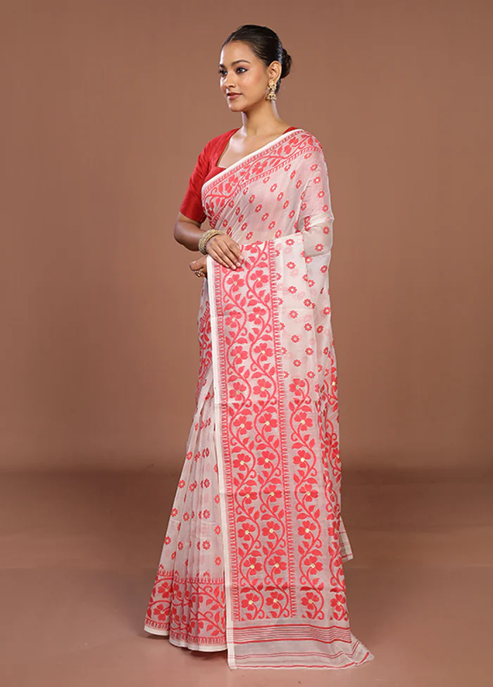 White Jamdani Cotton Saree Without Blouse Piece - Image 4