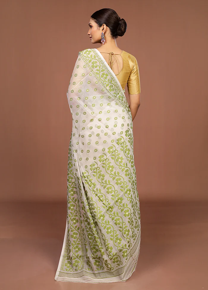 White Jamdani Cotton Saree Without Blouse Piece - Image 3