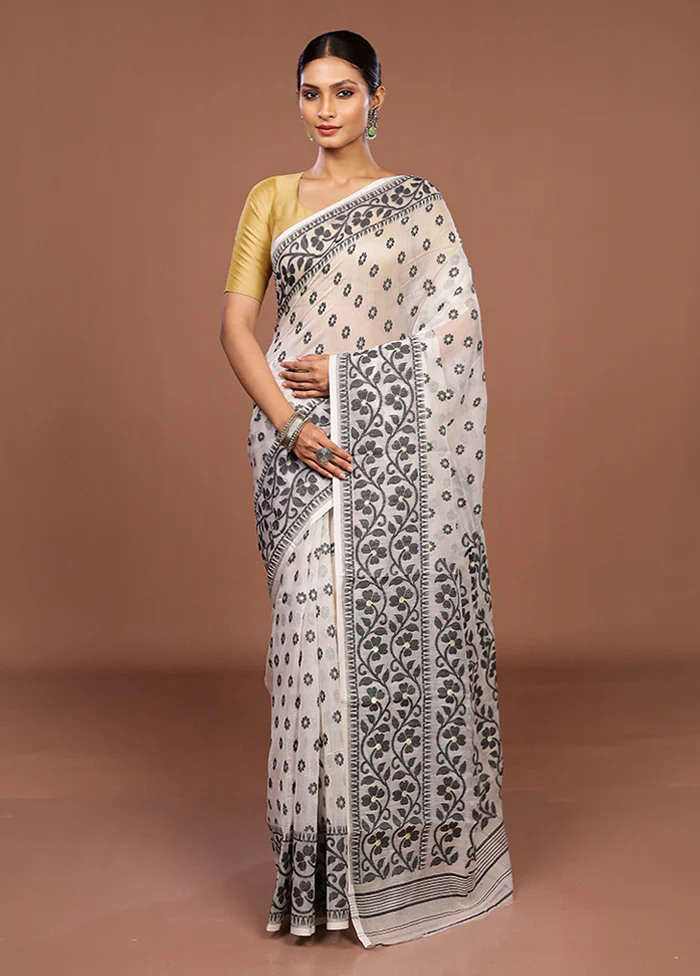 White Jamdani Cotton Saree Without Blouse Piece - Image 2