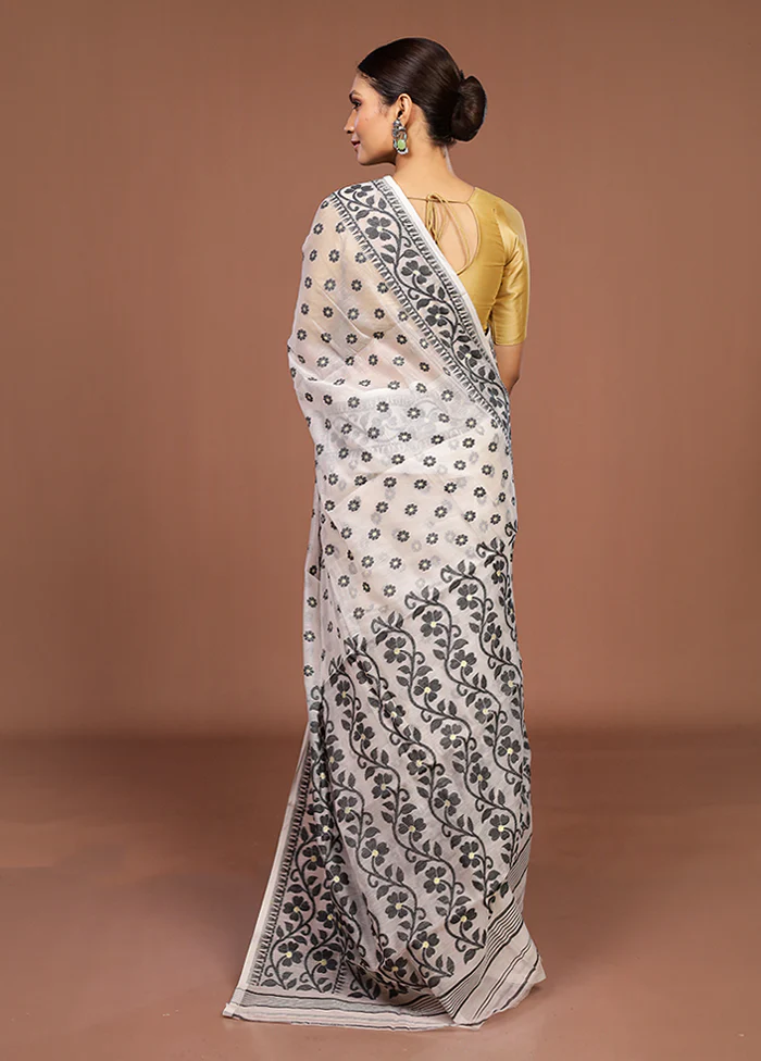 White Jamdani Cotton Saree Without Blouse Piece - Image 3