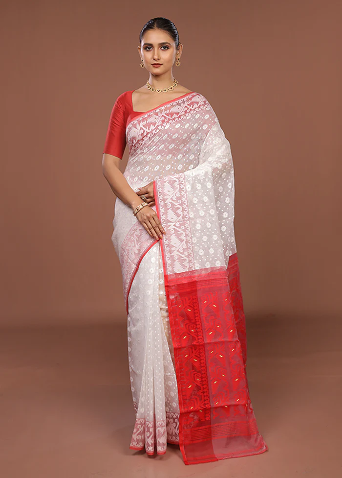 White Jamdani Cotton Saree Without Blouse Piece - Image 2