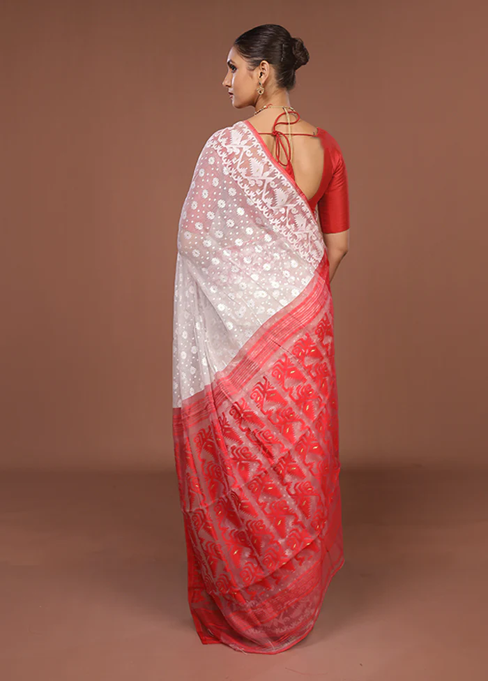 White Jamdani Cotton Saree Without Blouse Piece - Image 3