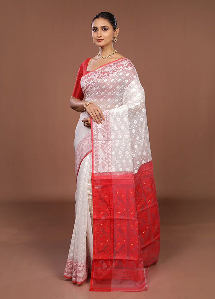 White Jamdani Cotton Saree Without Blouse Piece - Image 4