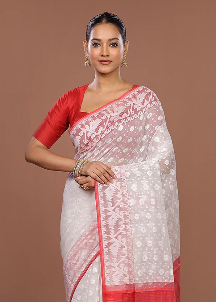 White Jamdani Cotton Saree Without Blouse Piece