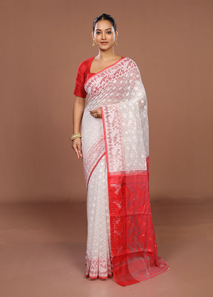 White Jamdani Cotton Saree Without Blouse Piece - Image 2