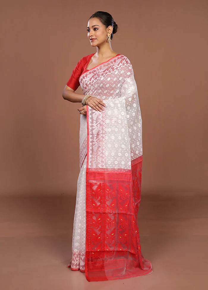 White Jamdani Cotton Saree Without Blouse Piece - Image 4