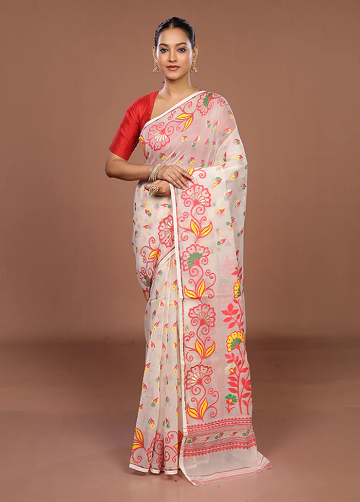 White Jamdani Cotton Saree Without Blouse Piece - Image 2