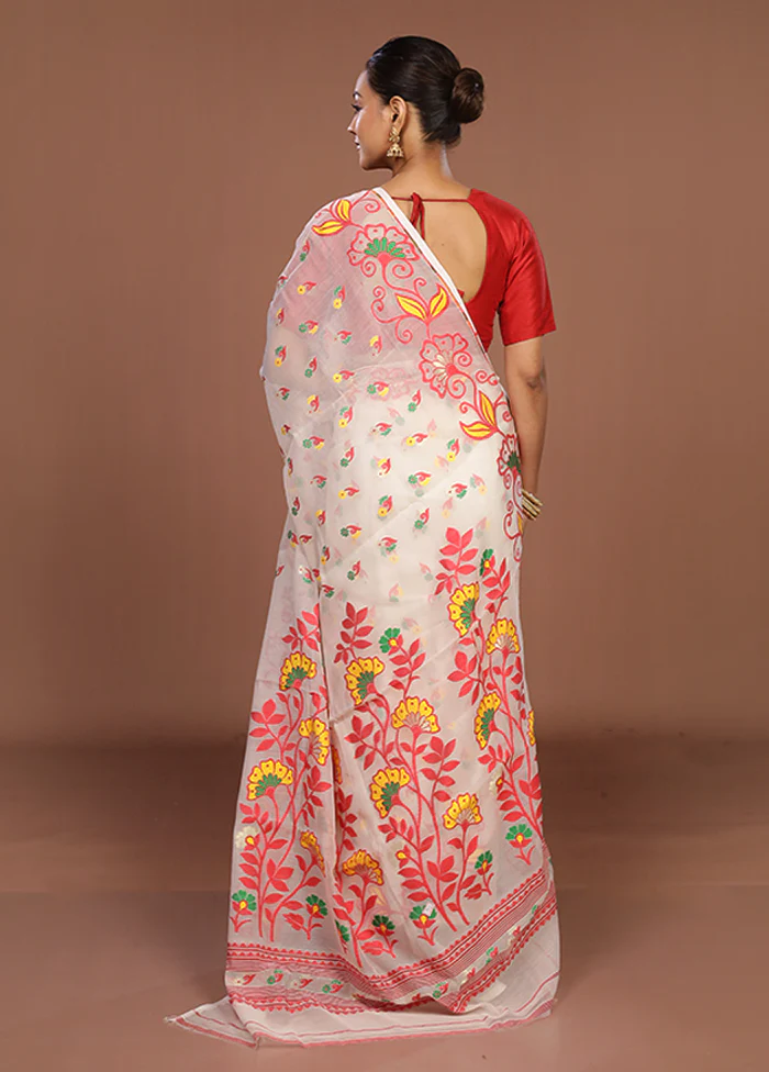 White Jamdani Cotton Saree Without Blouse Piece - Image 3