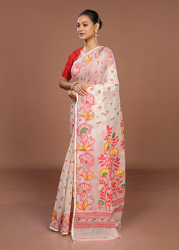 White Jamdani Cotton Saree Without Blouse Piece - Image 4