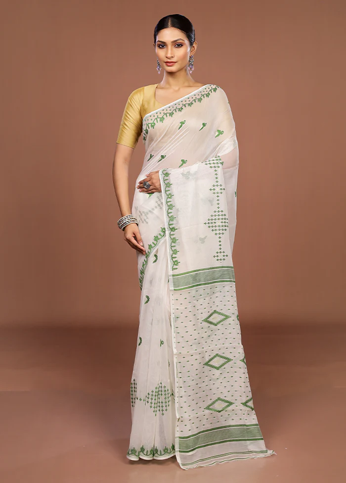 White Jamdani Cotton Saree Without Blouse Piece - Image 2