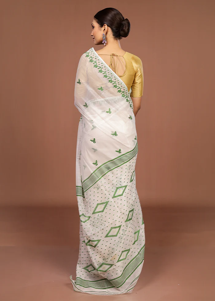 White Jamdani Cotton Saree Without Blouse Piece - Image 3