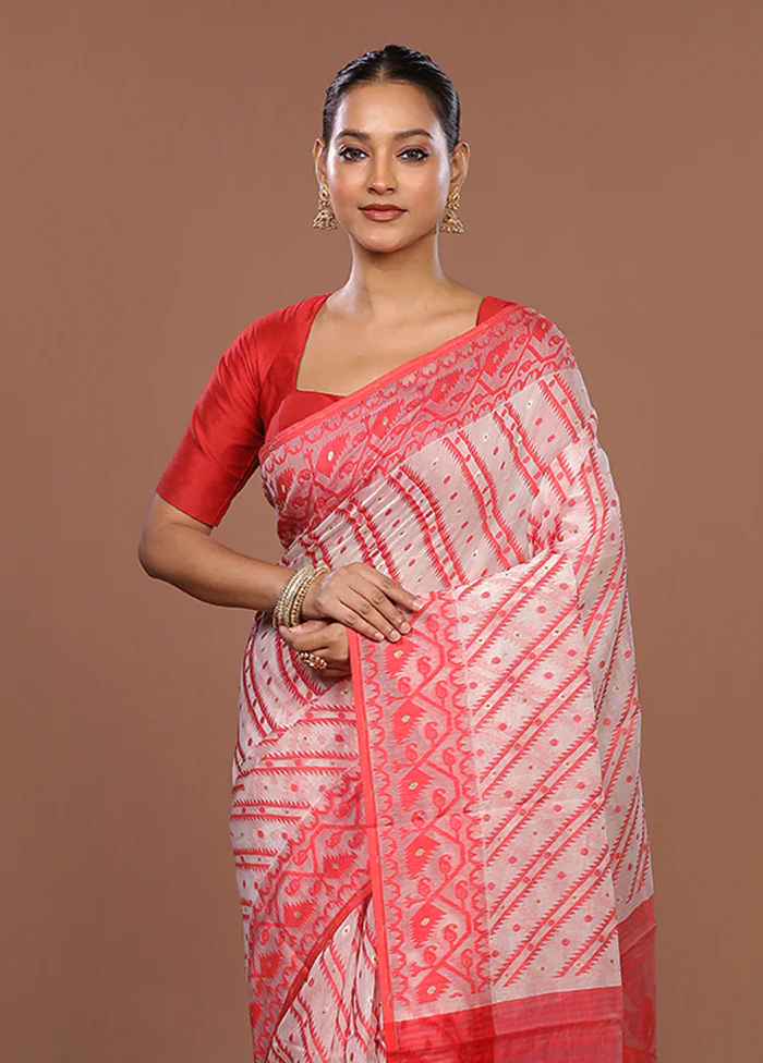 White Jamdani Cotton Saree Without Blouse Piece