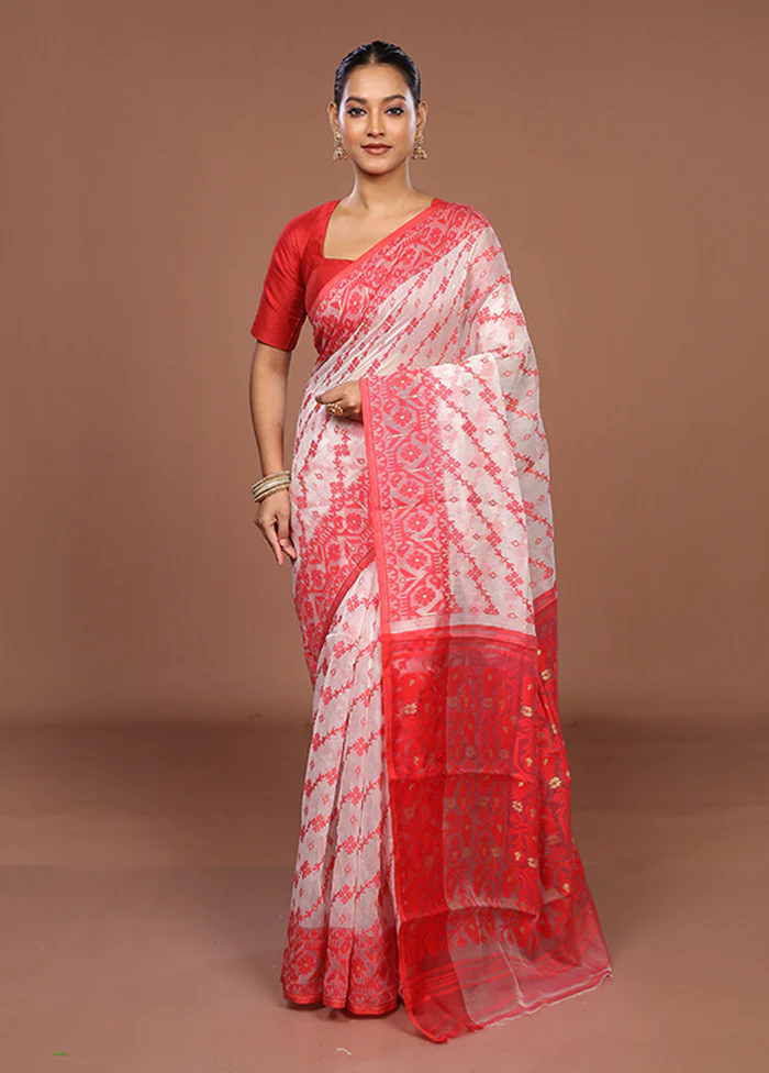 White Jamdani Cotton Saree Without Blouse Piece - Image 2