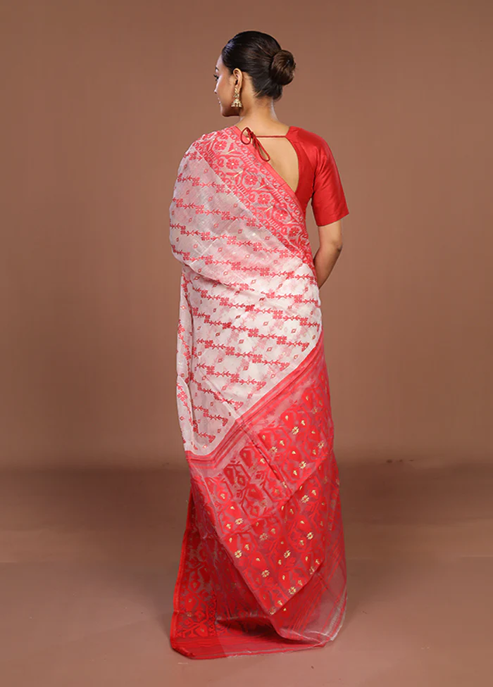 White Jamdani Cotton Saree Without Blouse Piece - Image 3