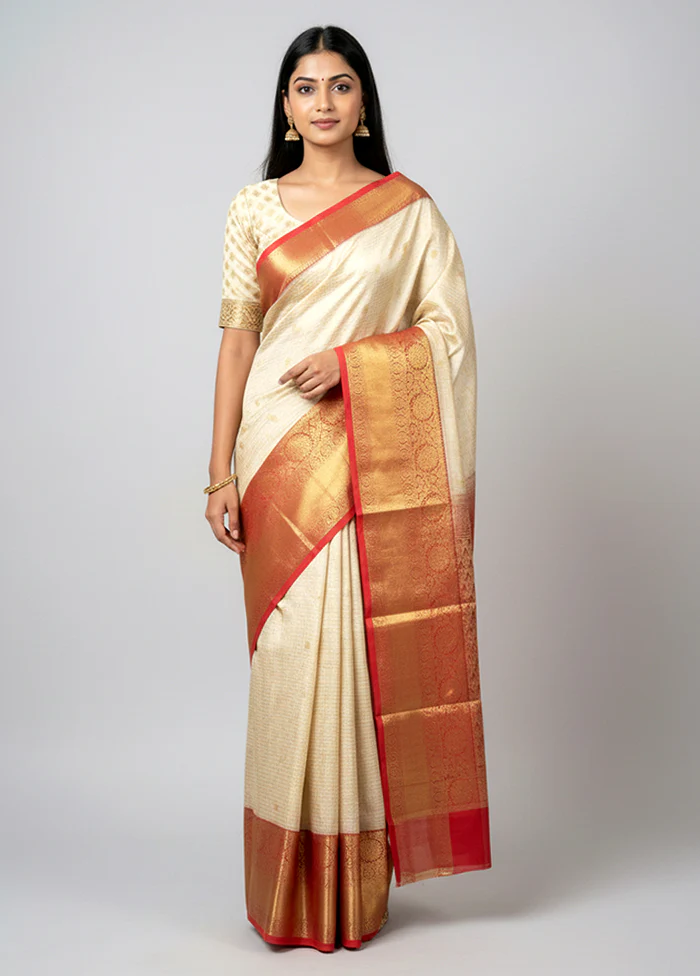 White Kanjivaram Silk Saree With Blouse Piece