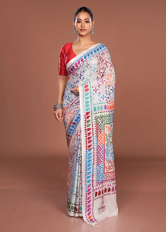 White Kantha Stitch Silk Saree With Blouse Piece - Image 2