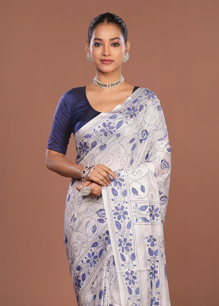 White Kantha Stitch Silk Saree With Blouse Piece