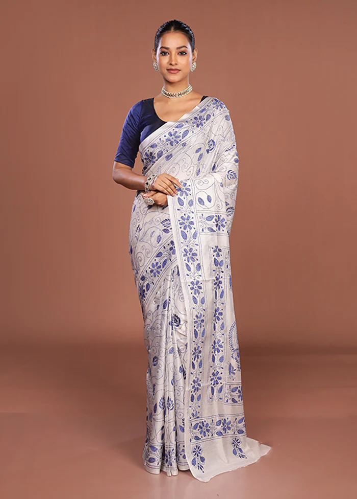 White Kantha Stitch Silk Saree With Blouse Piece - Image 2