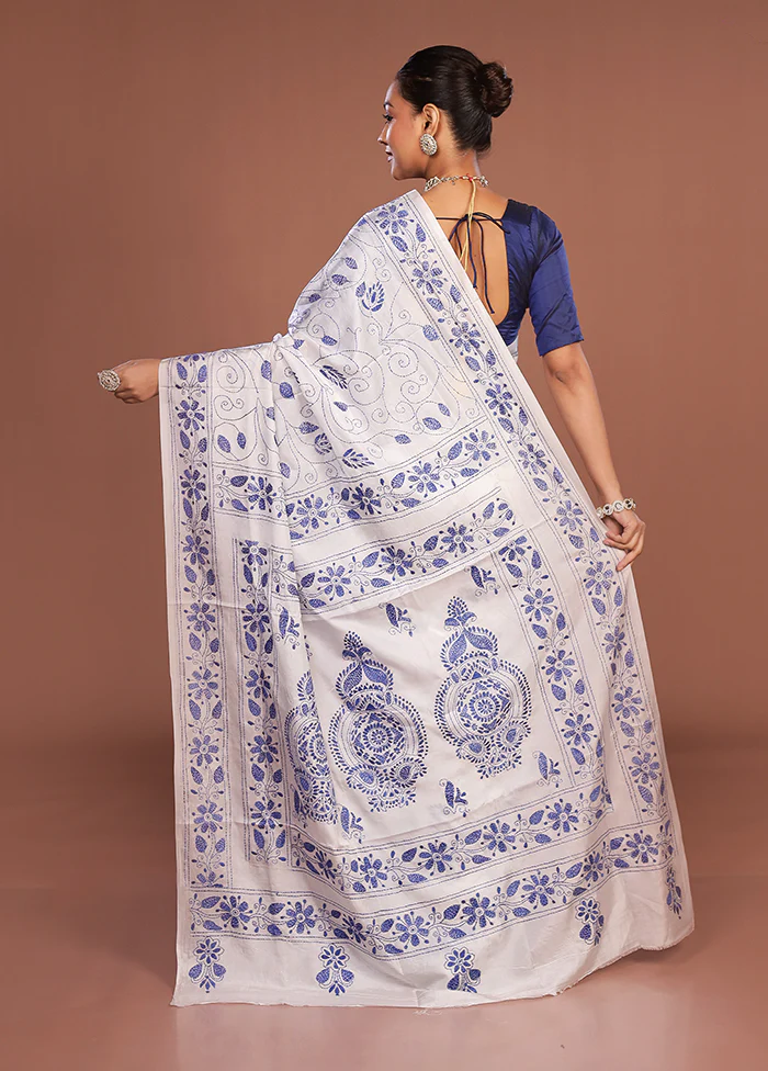 White Kantha Stitch Silk Saree With Blouse Piece - Image 3