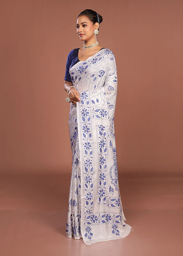 White Kantha Stitch Silk Saree With Blouse Piece - Image 4